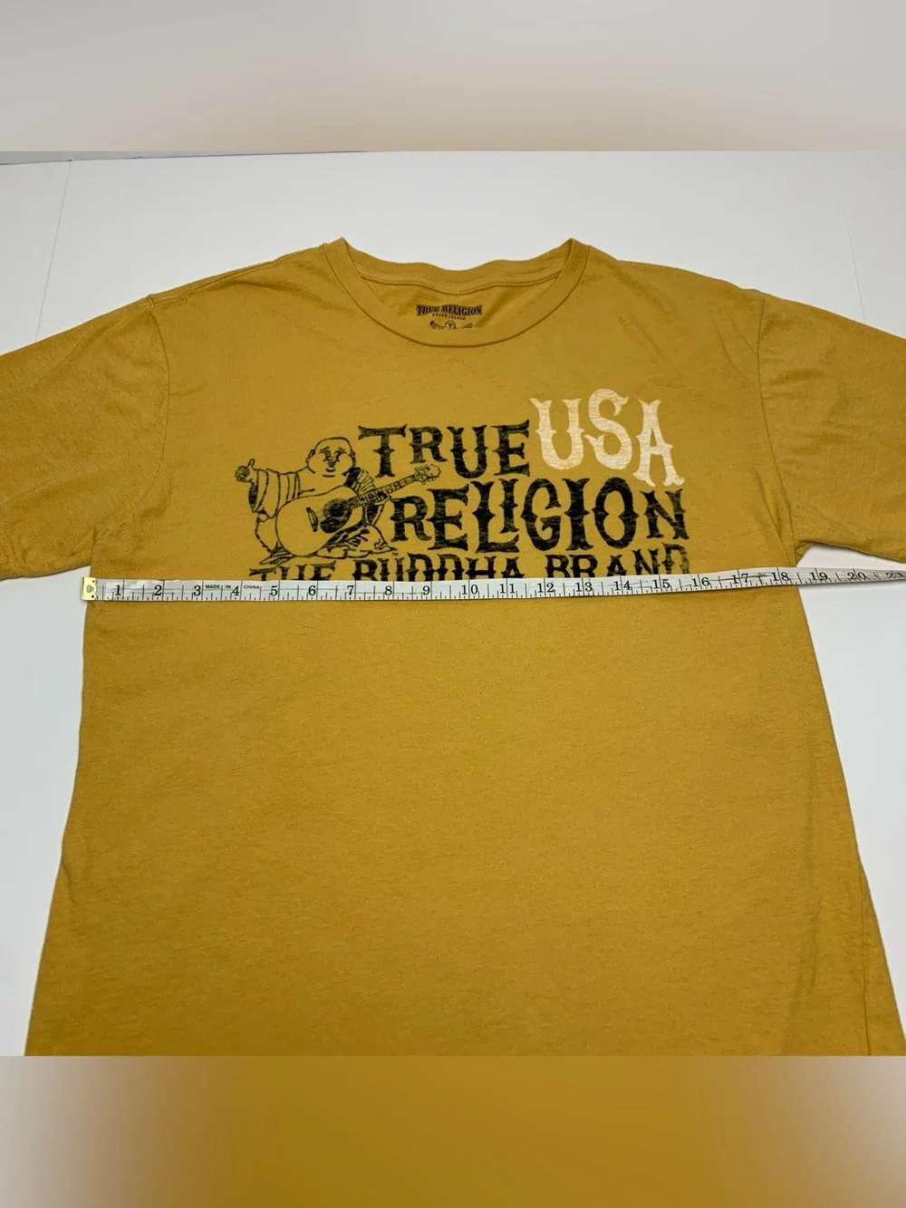 True Religion T-Shirt Buddha Brand Yellow Cotton Graphic Tee Mens Size Medium - Picture 6 of 8